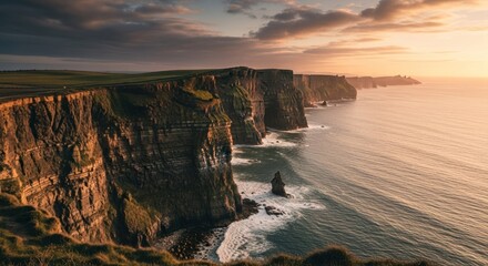 Dramatic cliffs stretch along the ocean shore under a golden sunset sky