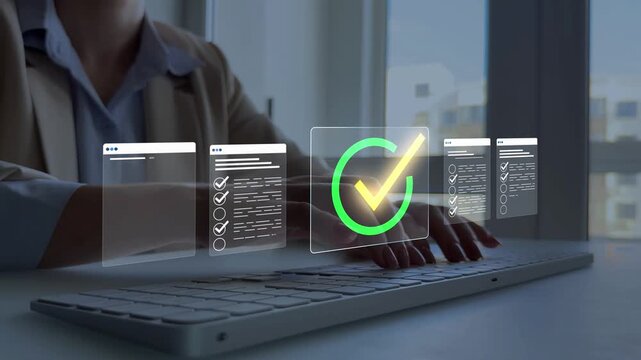 Business person checking digital documents on laptop with checklist approval icon, verification, workflow control, productivity and online document management.