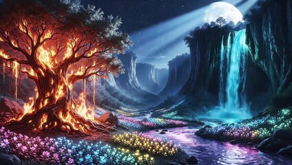 Burning mystical tree glowing beside cold waterfall and colorful flowers in a deep canyon night - Powered by Adobe