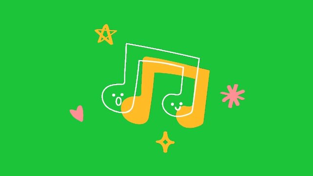 Cute cartoon musical notes with smiling faces, hearts and stars, playful animation isolated on green screen background