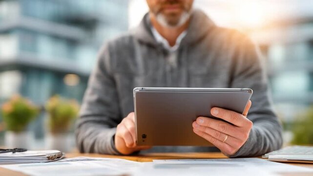 Tablet in Focus: A person intently uses a tablet, fingers deftly navigating the touchscreen, showcasing seamless interaction with digital information.