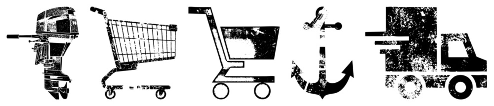 Grunge Styled Set Featuring Outboard Motor, Shopping, Anchor, and Delivery Truck