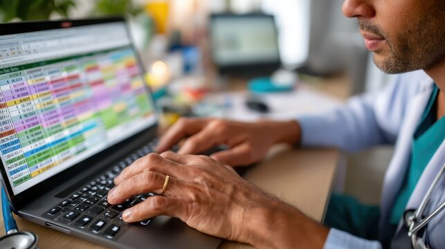 Doctor organizing billing codes at a busy hospital office desk