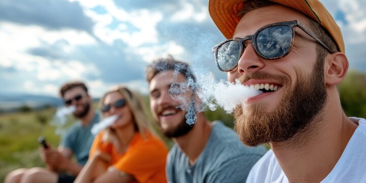 Friends enjoy a sunset vape session in the great outdoors