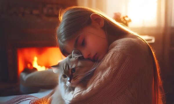 Sad girl hugging a cat
