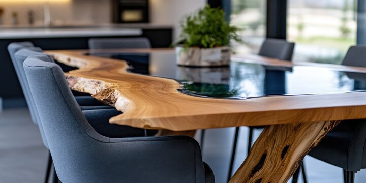 Modern dining room featuring a blue epoxy resin and live edge table