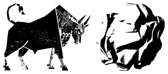 Abstract Bull and Human Head Silhouettes in High Contrast Vector Art