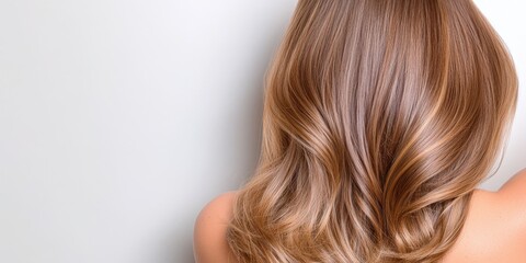 Naklejka premium Long wavy ponytail with brown hair flowing gently against a white backdrop