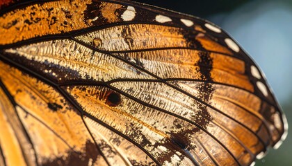Extreme close-up of a sunlit butterfly wing with golden-orange scales and black veins.