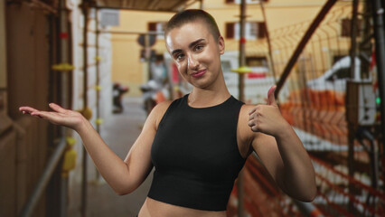 Fototapeta premium Woman with short buzzcut wearing black top gestures open palm and thumbs up on a street scaffolding walkway; confidence invitation.