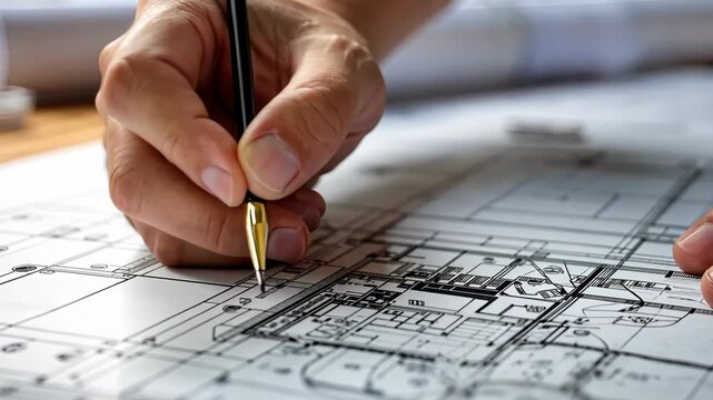 Hand drawing and planning construction layout of building on a blueprint in a workspace during daylight with tools and materials nearby