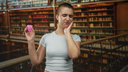 Fototapeta premium Young woman with buzzcut holds a pink menstrual cup in one hand and presses cheek with the other in visible pain inside a library building; period discomfort privacy.