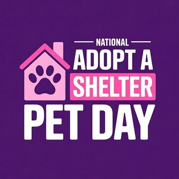 Purple background with pink house and paw print promoting adopt a shelter pet day des