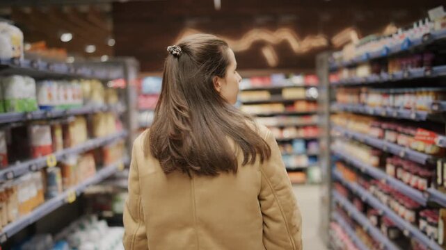 Woman shopping in supermarket aisle, customer choosing products in grocery store