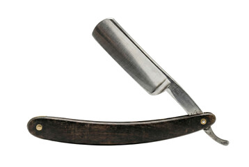 Vintage straight razor with wooden handle and sharp steel blade. Barber tool.