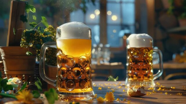 Video Two empty beer mugs sit on a table with a casual atmosphere