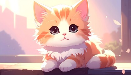 Adorable orange and white kitten with big eyes, soft fur, and a sunny background