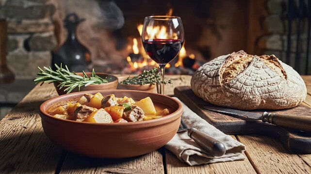 Rustic dinner setting with stew bread and wine in front of fireplace