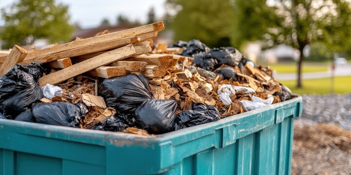 Green dumpster overflowing with construction debris and waste outdoors