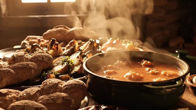 Steaming food display with bread and ingredients in warm lighting