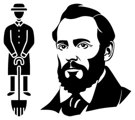 Obraz premium Vintage Cyclist and Bearded Man Portrait in Black and White Vector Art