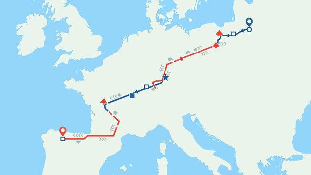 Europe Map Route Planning: Travel Itinerary Lines and Pins