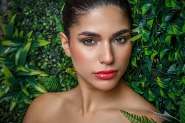 Woman with fresh makeup posing against green foliage backdrop in natural light