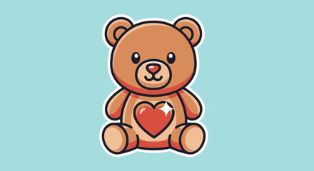 Naklejka premium Cute Brown Teddy Bear with Red Heart on Chest Sitting Happily on Light Blue Background