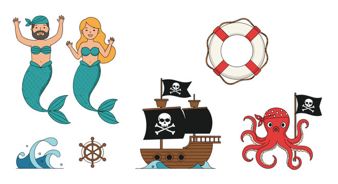 A whimsical set of pirate and mermaid themed vector illustrations, including characters, a ship, an octopus, and nautical items.