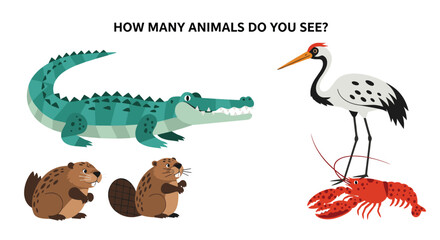 Fototapeta premium Educational counting game for children with various animals like a crocodile, beavers, a crane, and a lobster to count.