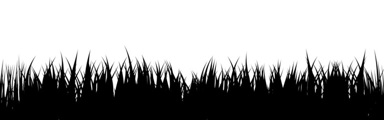 Naklejka premium Meadow silhouette with grass, plants on plain. Panoramic summer lawn landscape with herbs, various weeds. Herbal border, frame element. Black horizontal banners. Vector illustration