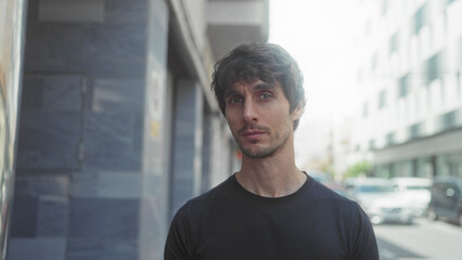 Man gazes with steady stare and visible face beside city street building facade; introspection serenity.