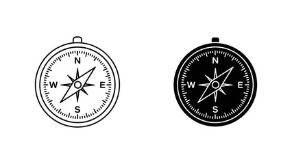 A minimalist vector graphic illustration of two compass designs in black and white