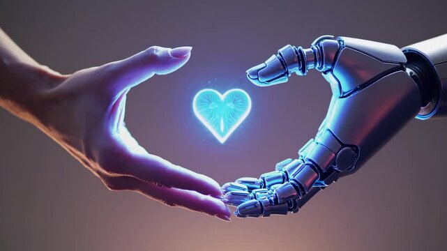 Human and robotic hands joining together to form a heart shape around a glowing, digital heart hologram. A conceptual video about the future