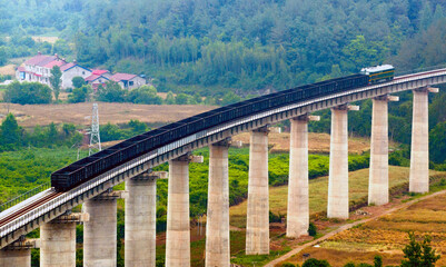 Obraz premium Freight Train on High Viaduct Over Rural Countryside