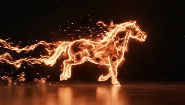 Abstract fire horse running fast with bright glowing light trails in dark nocturnal setting