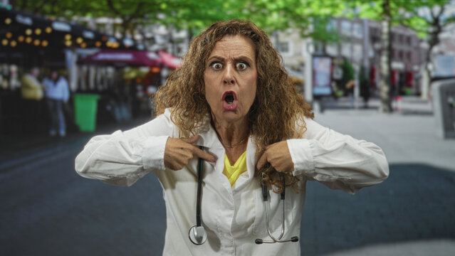 Woman doctor in white coat points to chest with stethoscope on busy street near cafes and trees; surprise concern.