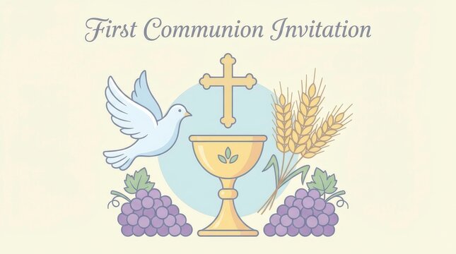 Pastel invitation with golden chalice, dove, wheat, grapes, cross. First Communion symbolic religious elements design.