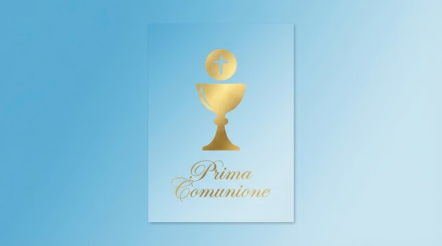 Light blue background with golden chalice icon and Prima Comunione Italian text. Minimal First Communion emblem design.