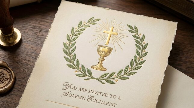 Vintage parchment invitation on wooden desk with candle, gold seal, laurel chalice cross wreath. First Holy Communion certificate