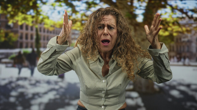 Woman raises both hands in a frustrated open palmed gesture with anguished expression on a city street plaza with trees and blurred pedestrians; frustration.