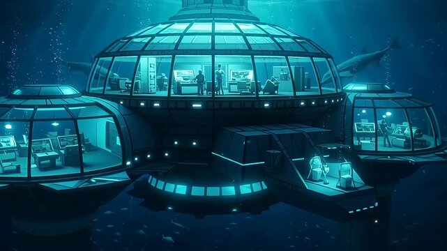 Futuristic Underwater Research Facility with Dome.