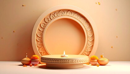 Beige-toned celebratory scene; sculpted circle, platform with candle, floral accents