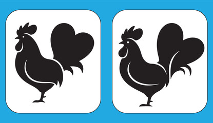 Rooster Silhouette with Heart Tail Farm Animal Love Vector Icon