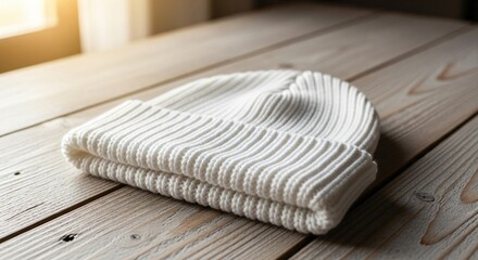 A cozy white knitted beanie hat resting on a rustic wooden table, illuminated by soft natural light from a nearby window