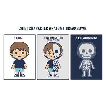 Chibi Character Anatomy Breakdown - Normal, Internal Skeleton, and Full Skeleton View.