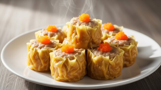 Steaming Hot Siu Mai Dumplings with Orange Roe Topping on a White Plate