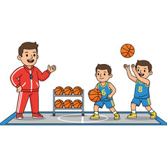Young Boys Playing Basketball with Coach. © tere