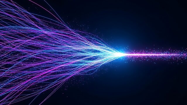 Vibrant pink and blue light beams converging into a bright focal point on a dark background convergence