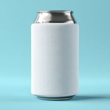 Blank White Beverage Can Cooler Mockup on Light Blue Background